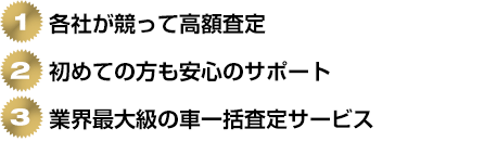 各社が競って高額査定／初めての方も安心のサポート／業界最大級の車一括査定サービス